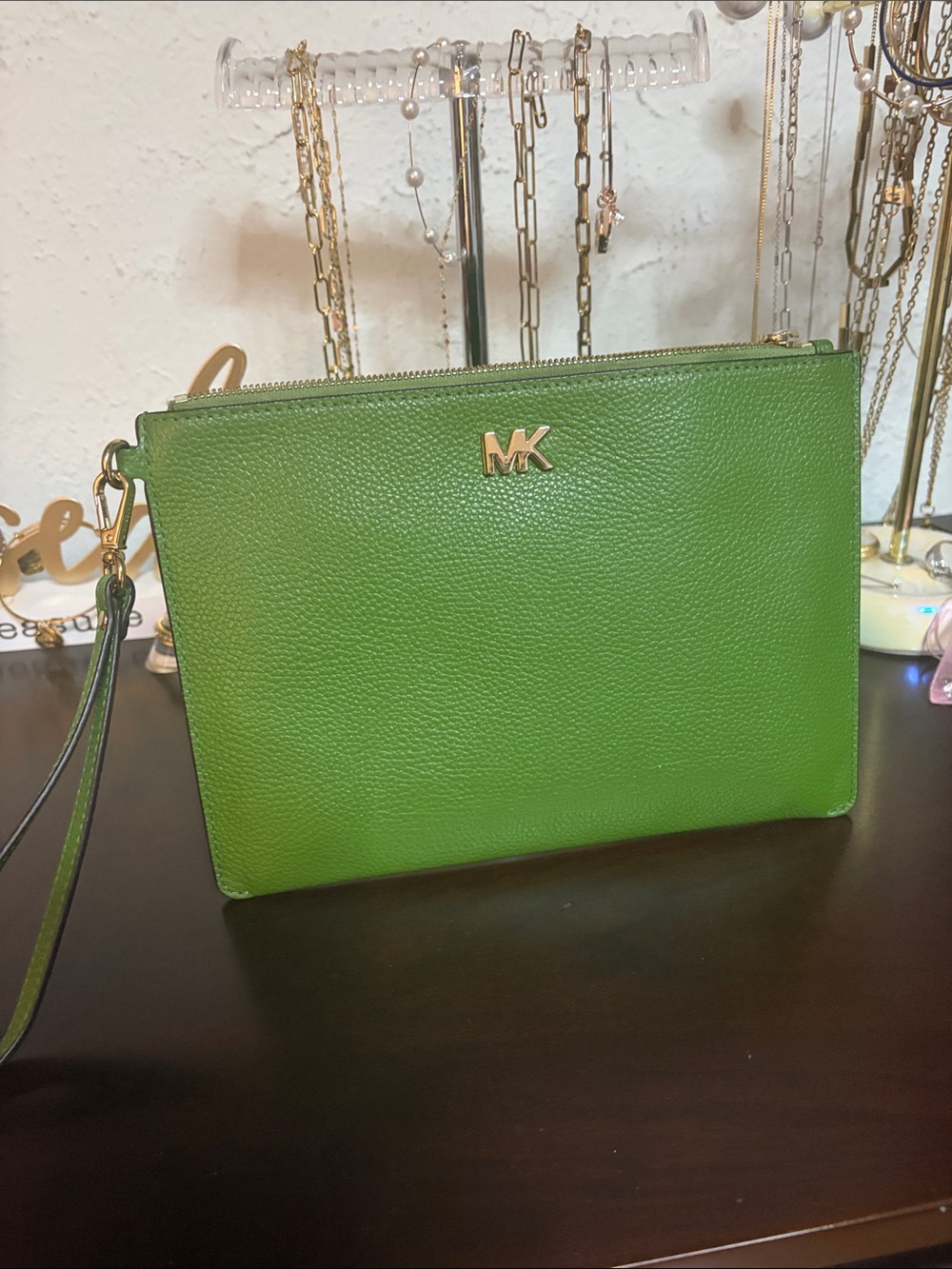 Michael Kors Green Pebbled Leather Wristlet Clutch with Gold Logo